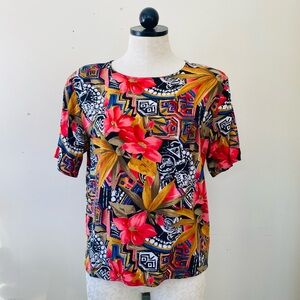 Vintage 80s Top Bright Abstract Floral Print Blouse Rayon Geometric Shirt 90s M